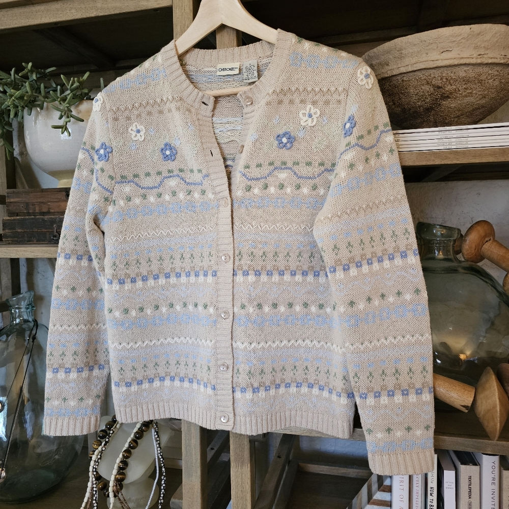 Vintage 90's Cottagecore Granny Cardigan Tan Sage Blue Crochet Floral Embroidery - Picture 3 of 9